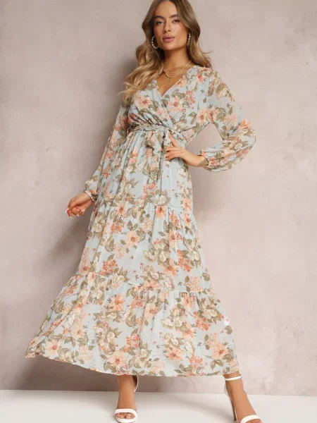 Rochie Mint Maxi cu Decolteu Petrecut și cu Fundă în Talie Alret verde