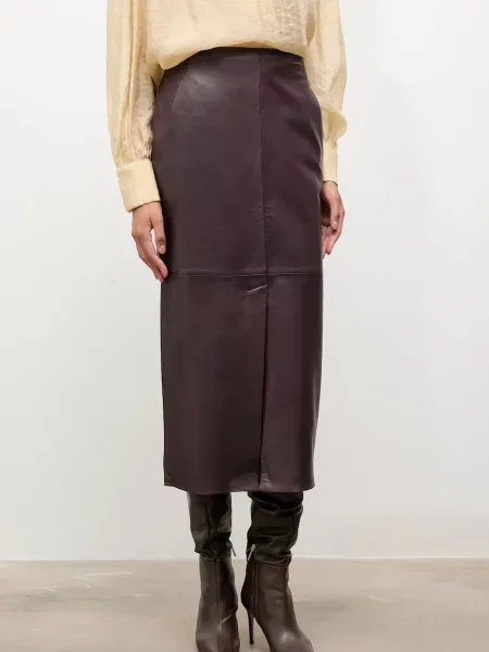Шкіряна спідниця Answear.LAB midi пряма бордовий