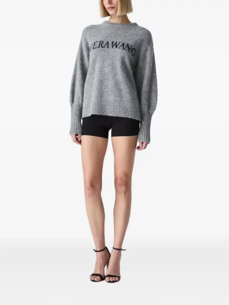 Pulover Vera Wang cu decolteu rotund cu autograf gri