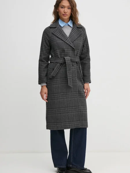 Палто с вълна United Colors of Benetton преходен модел с двуредно закопчаване сиво