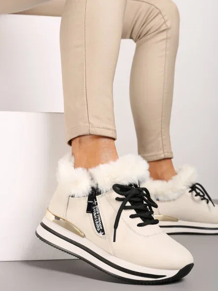 Ghete Sneakers în șiret cu blană Gameda bej