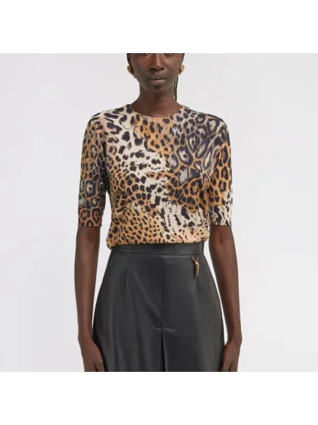 Sweter Roberto Cavalli wełniany z nadrukiem z krótkim rękawem brązowy