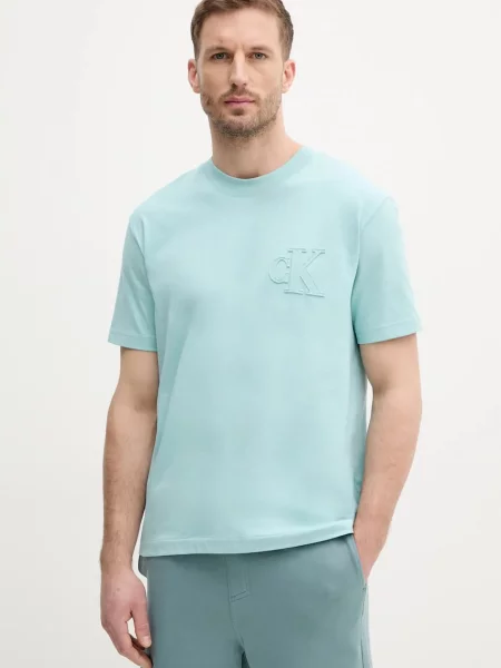 Тениска Calvin Klein Jeans тюркоазено с изчистен дизайн