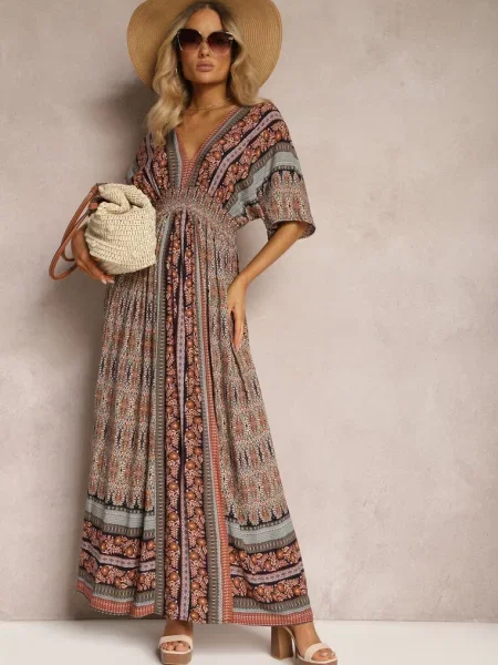 Sukienka w Stylu Etnicznym z Gumką w Pasie Wiązana na Plecach Lixara brązowa