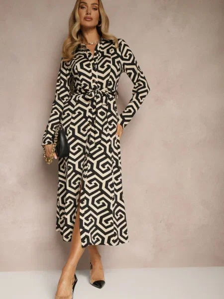 Sukienka Koszulowa z Wiskozą w Geometryczny Wzór z Erisviria czarna