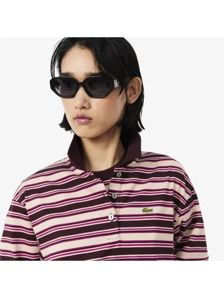 Lacoste Koszulka Polo W Paski Z Długim Rękawem Oversize brązowa