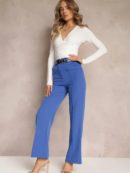 Pantaloni Bleumarin Largi cu Talie Inalta si cu Catarama Decorativa Lilura