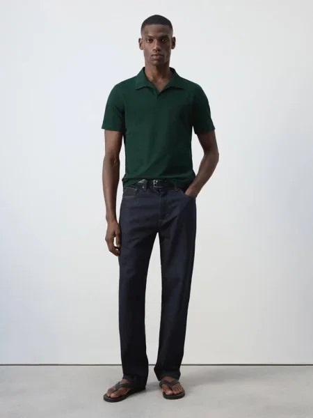 Koszulka polo z mieszanki bawełny slim fit ciemnozielony Mężczyzna S MANGO MAN