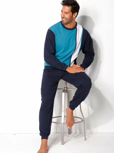 H.I.S Pijama lungă bleumarin / turcoaz alb