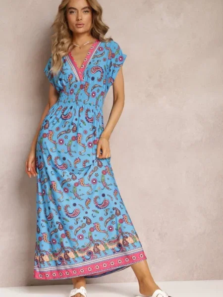 Rozkloszowana Sukienka Maxi z Printem Paisley z Gumką w Pasie Zoenia granatowa