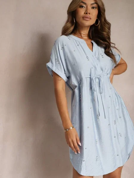 Rochie bleumarin tip cutie cu cordon în talie și decorată cu zirconii Quilefia albastru