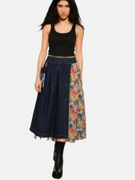 BIBI SAKALIEVA Fustă Indigo Denim Midi Skirt with Detachable Lace Skirt and Denim Pouch închis albastru