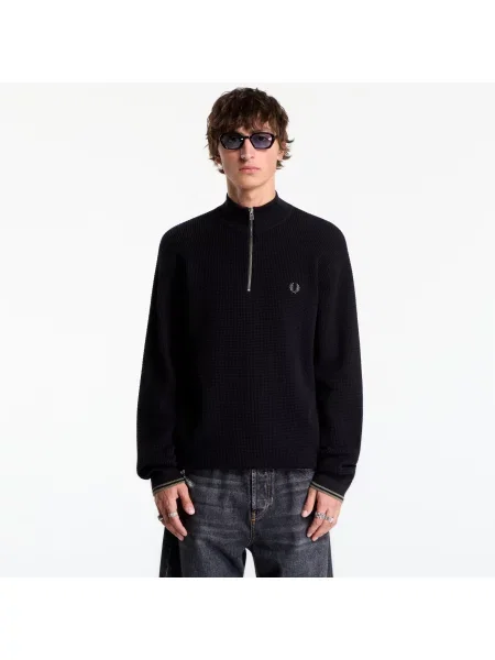 Pulover FRED PERRY Waffle Stitch Half Zip Jumper Black XL negru
