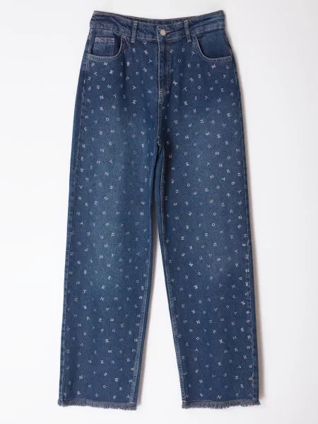 Blugi Trendyol cu talie înaltă cu strasuri albastru