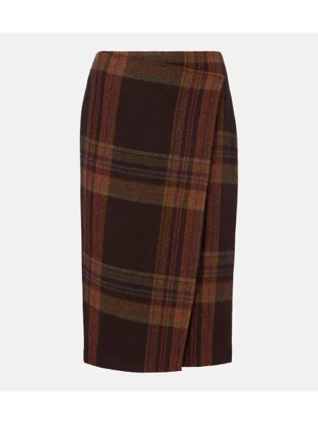 Fustă midi Polo Ralph Lauren de lână în carouri până la genunchi maro