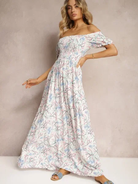 Rochie Albastră și cu Imprimeu Floral cu Talia Evidențiată și Fustă Cloș Eliseria albă