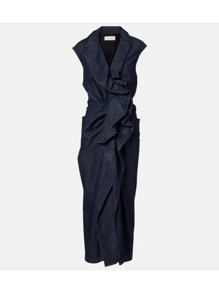 Sukienka jeansowa Dries Van Noten z falbankami do kolan garniturowa niebieska