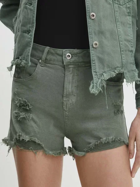 Дънков къс панталон Answear Lab с изчистен дизайн с висока талия зелено