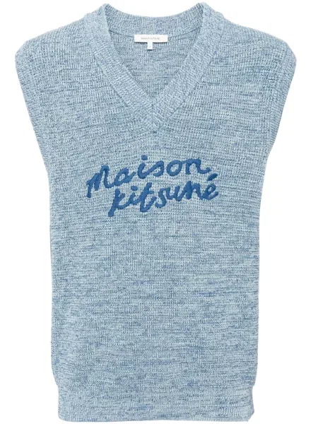 Vesta Maison Kitsuné s výšivkou s výstřihem do v modrá