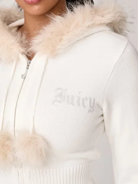 Juicy Couture női kardigán viszkózzal KNIT JUICY DIAMANTE WITH FUR TRIM bézs