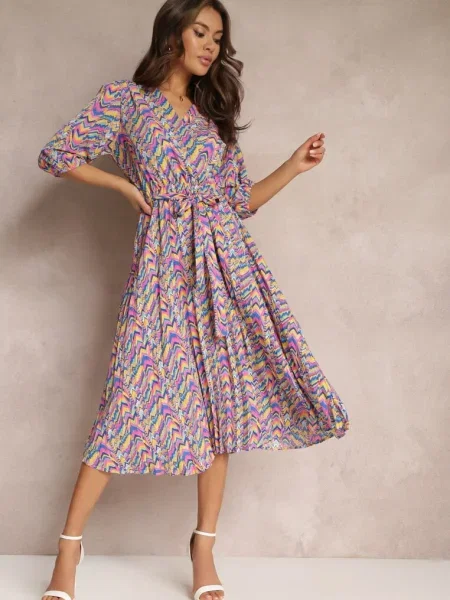 Rochie Maxi Pliuri Bleumarin-Roz cu în Talie și Sangelo albastru