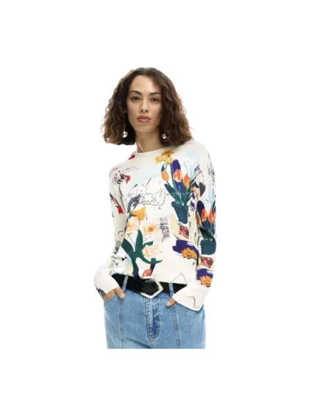 Lniany sweter Desigual z długim rękawem z okrągłym dekoltem biały