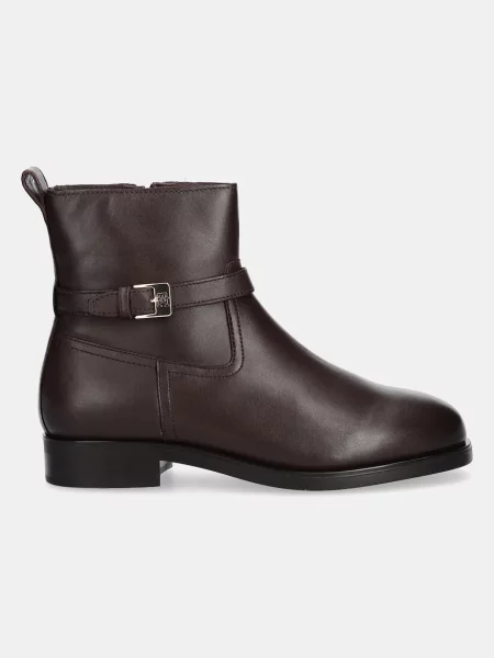 Tommy Hilfiger botki skórzane TH BUCKLE RIDING LEATHER BOOTIE na płaskim brązowy