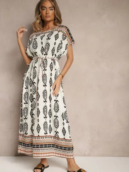 Sukienka o Pudełkowym Kroju w Etniczny Print Miriliana biała