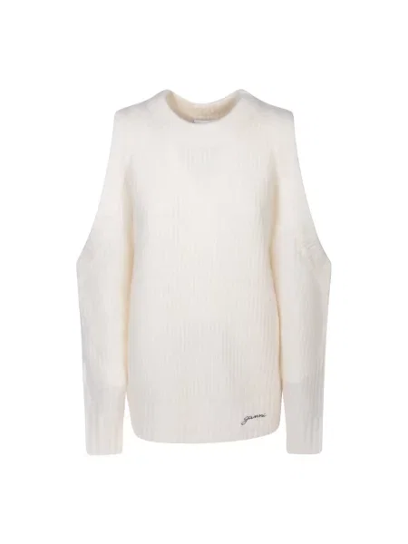 Sweter Ganni wełniany chunky z odkrytymi ramionami biały