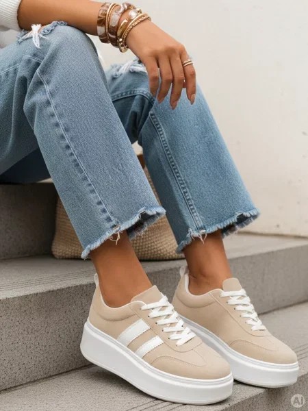 Sneakersy skórzane na platformie Dstreet beżowe