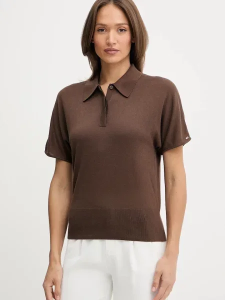 Polo iz svilene mešanice Tommy Hilfiger rjava