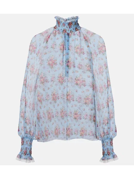 Bluză Dolce&gabbana de mătase cu model floral cu volane albastru