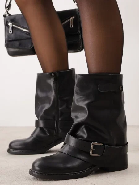 Botine VICES Slouchy în Stil Rock cu Cataramă și Cărămbă Răsfrântă Liwira negre