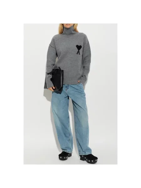 Sweter z golfem Ami Paris wełniany z logo do golfa szary