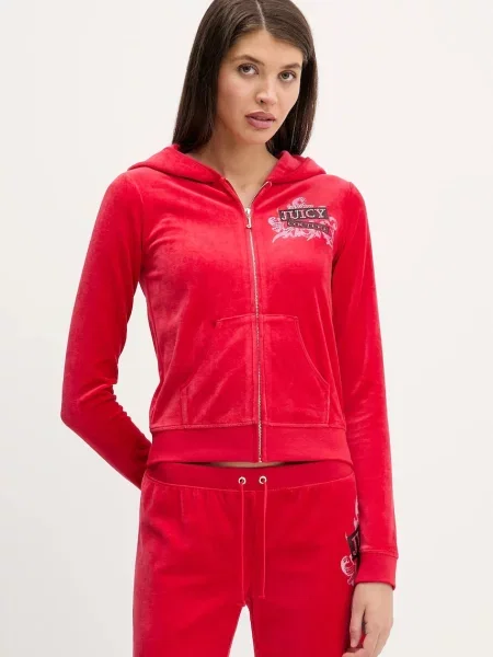 Juicy Couture bluza welurowa Wrap You Up z kapturem z nadrukiem czerwony