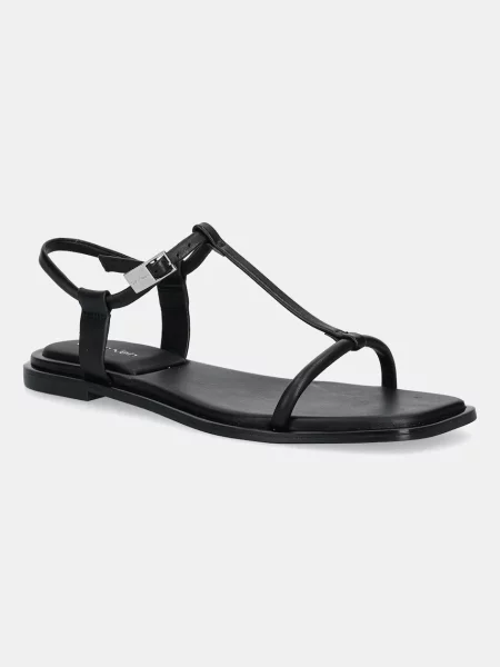 Кожени сандали Calvin Klein FLAT SANDAL SQUARED BUCKLE LTH черно