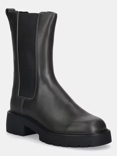 Кожени боти челси Calvin Klein CHUNKY HIGH CHELSEA зелено с равна подметка черно