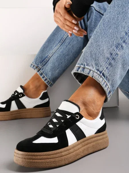 Sneakerși Alb-Negru cu Talpă Groasă și Cusături Decorative Ysdole alb