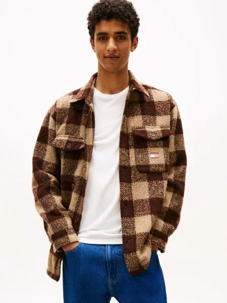 Tommy Jeans Bluza Mężczyźni Regular Fit Sztuczne włókno w kratkę S brązowy