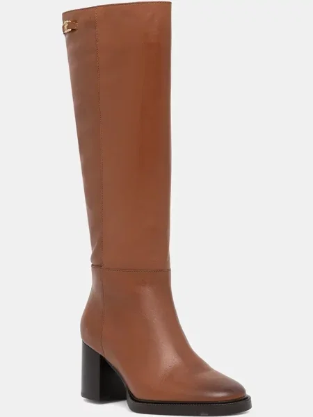 Кожени ботуши Tommy Hilfiger STACKED HEEL LEATHER LONG BOOT с дебел кафяво