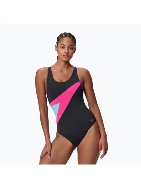Дамски цял бански костюм Speedo Hyperboom butterfly back anthracite/margarita pink черно
