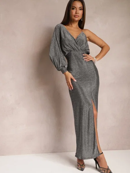 Rochie Argintie Strălucitoare Maxi Asimetrică cu Decolteu Triunghiular și Șliț Imisnna