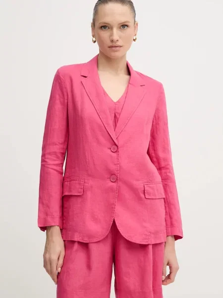 United Colors of Benetton jednořadé sako lněné růžové