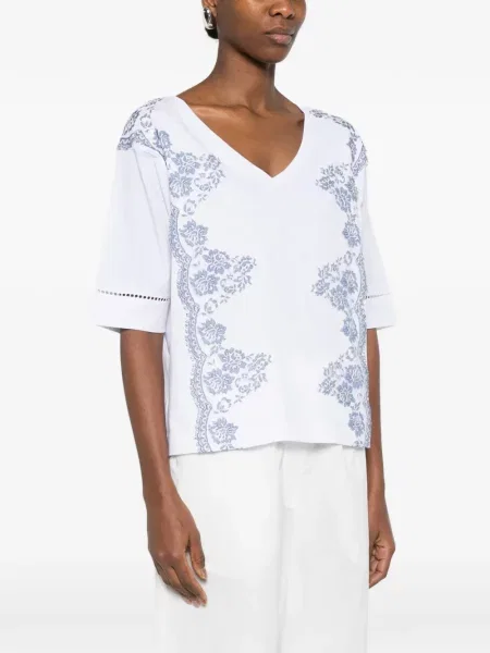 Koszulka Ermanno Firenze w kwiatki z nadrukiem z dekoltem w serek biała