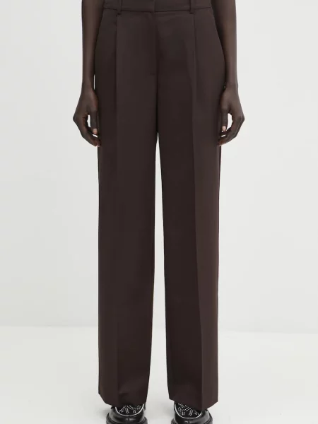 Anine Bing pantaloni cu lână trent drept high waist maro