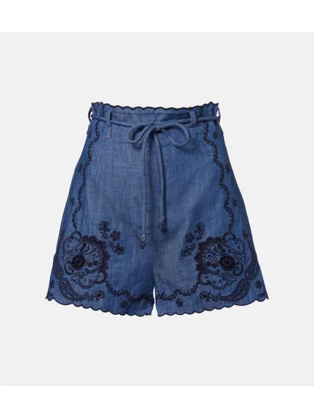 Pantaloni scurți din denim Zimmermann cu broderie albastru