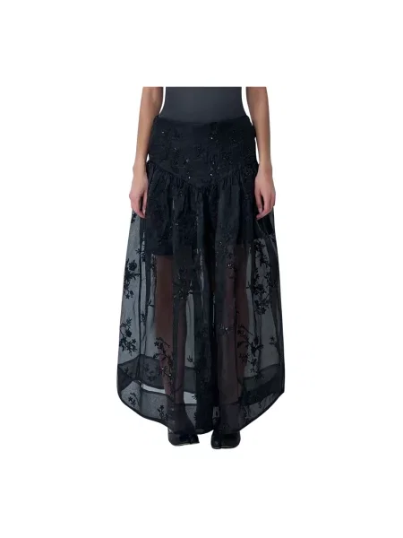 Haftowana maksi spódnica maxi Ganni z organzy czarna
