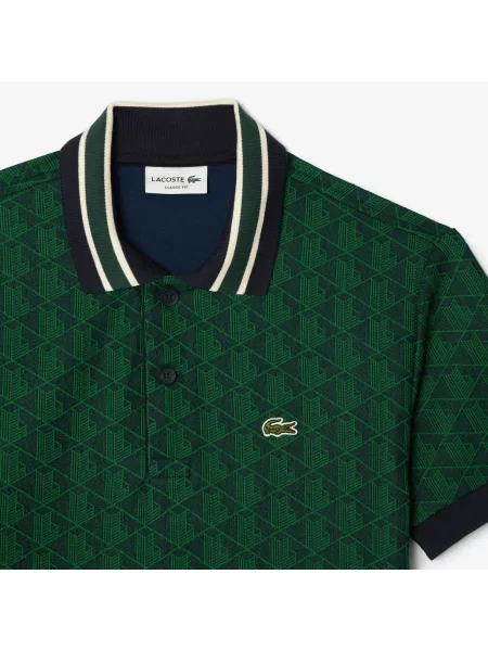 Lacoste Koszulka Polo Classic Fit Z Kołnierzykiem Kontrastowym I Motywem Monogramu zielona