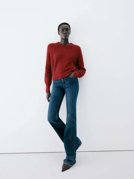Sweter z mieszanki alpaki z dekoltem w serek burgund Kobieta XL MANGO