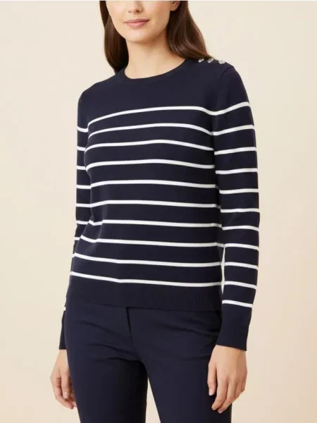 Светр у смужку з декоративними на плечах темно-синій синій